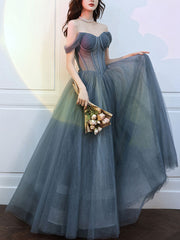 Gray Blue Sweetheart Neck Tulle Long Prom Dress White Tulle Formal Dress