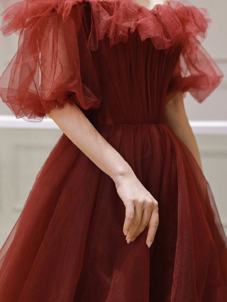 Burgundy Tulle Off-Shoulder Long Prom Dress Burgundy Evening Gown