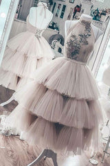 Unique High Neck Tulle Short Prom Dress Tulle Evening Gown