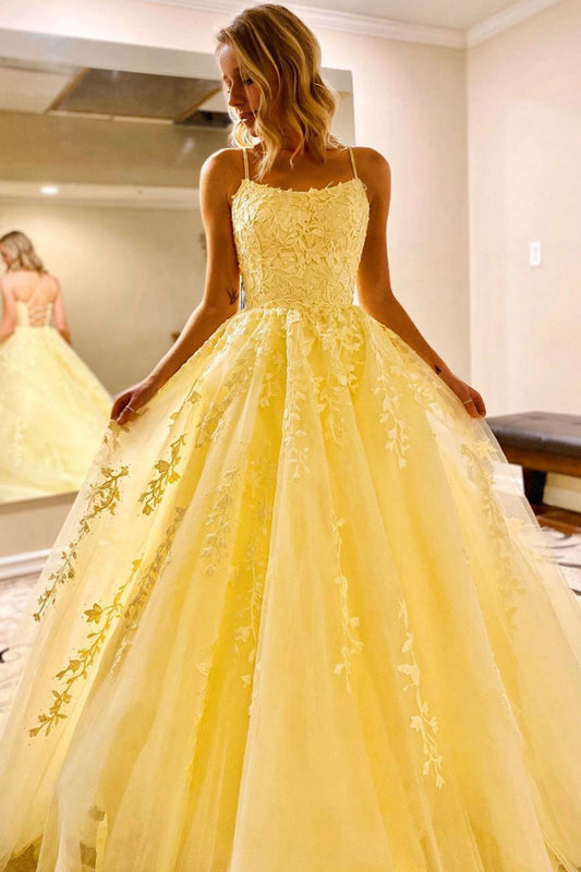 Yellow Tulle Lace Long Prom Dress Yellow Lace Formal Dress