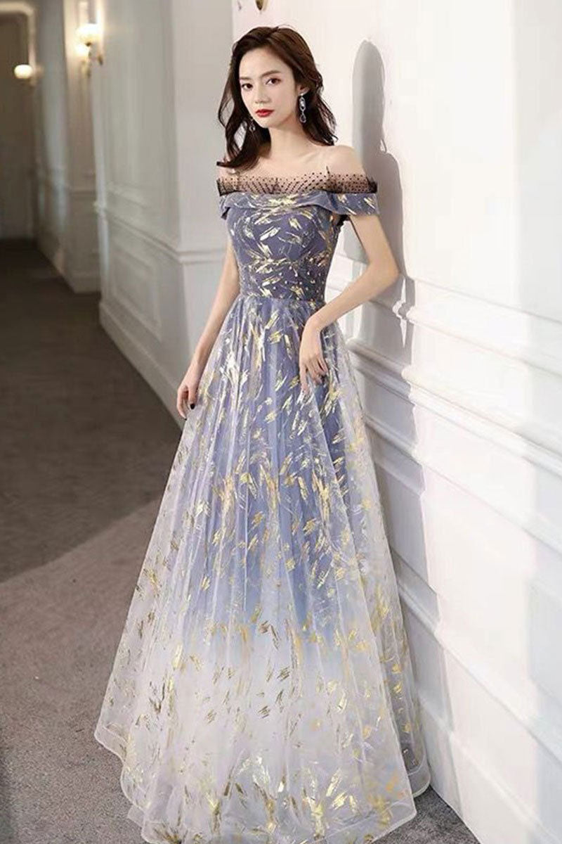 Blue Tulle Off-Shoulder Long Prom Dress Tulle Formal Dress