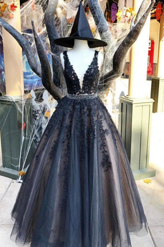 Dark Blue V-Neck Tulle Lace Long Prom Dress Dark Blue Tulle Evening Dress