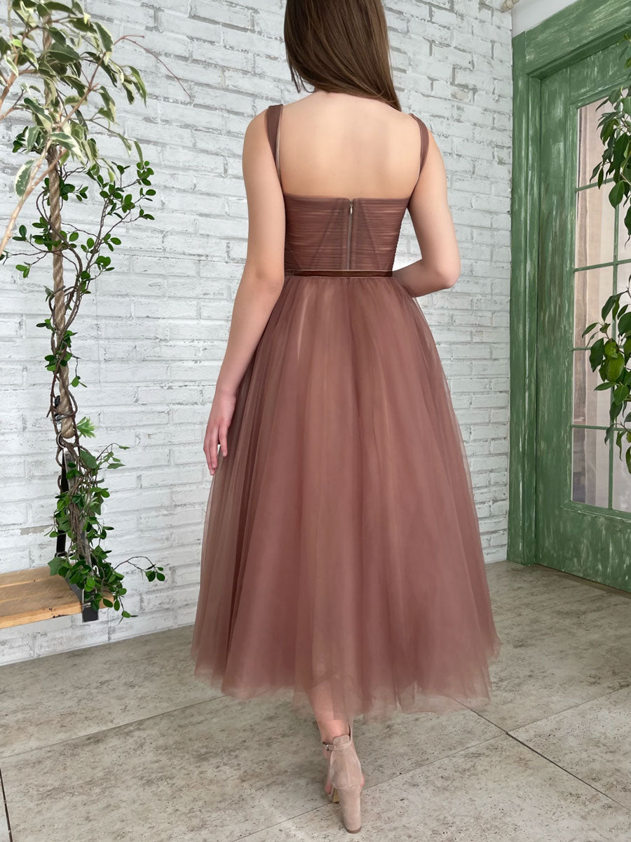 Simple A-Line Tea-Length Brown Prom Dress Brown Homecoming Dress