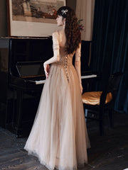 Champagne Tulle Beaded A-Line Long Prom Dress Champagne Evening Dress