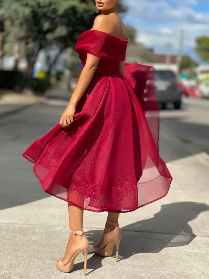 Simple Burgundy Tulle Off-Shoulder Prom Dress Burgundy Bridesmaid Dress