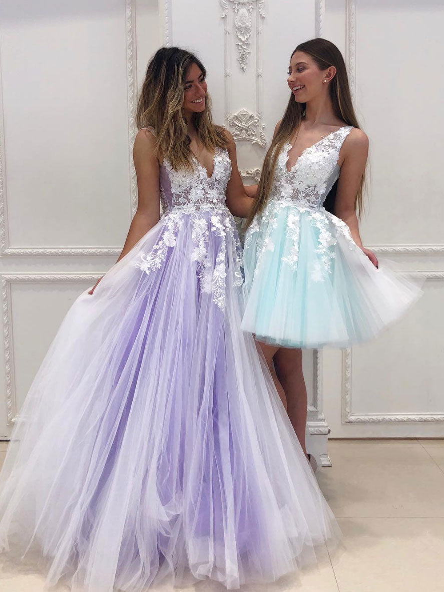 Purple V-Neck Tulle Lace Long Prom Dress Tulle Lace Formal Dress