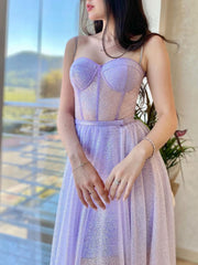 A-Line Sweetheart Neck Tulle Purple Long Prom Dress Purple Evening Dress