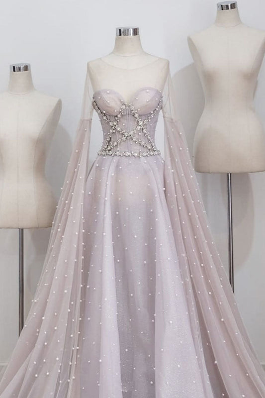 Unique Round Neck Tulle Long Prom Dress Gray Evening Dress