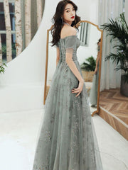 Gray Tulle Lace Long Prom Dress Gray Tulle Long Evening Dress