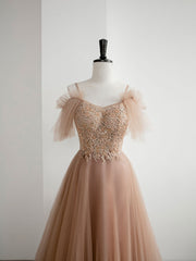 Champagne A-Line Tulle Lace Long Prom Dress Champagne Evening Dress