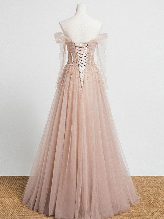 Champagne Tulle Sequin Long Prom Dress Champagne Tulle Formal Dress