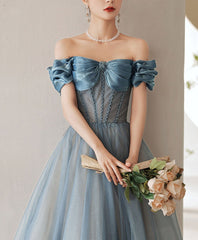 Blue Off-Shoulder Satin Long Prom Dress Blue Satin Bridesmaid Dress