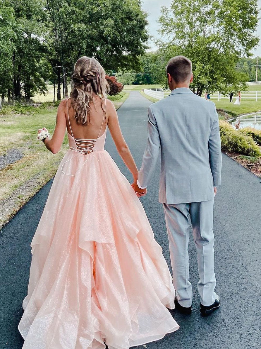 Pink V-Neck Tulle Long Prom Dress Pink Tulle Formal Dress