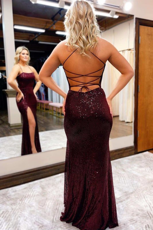 Burgundy Sequin Lace-Up Back Long Elegant Prom Dress with Split Design