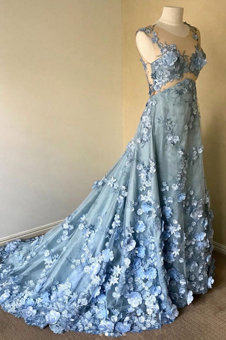 Blue Round Neck Lace Long Prom Dress Blue Lace Evening Dress