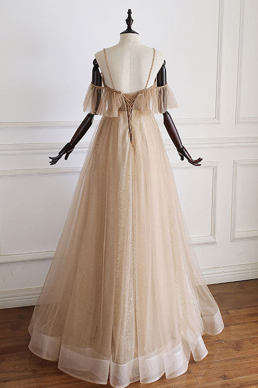 Champagne Tulle Off-Shoulder Long Prom Dress Champagne Evening Dress