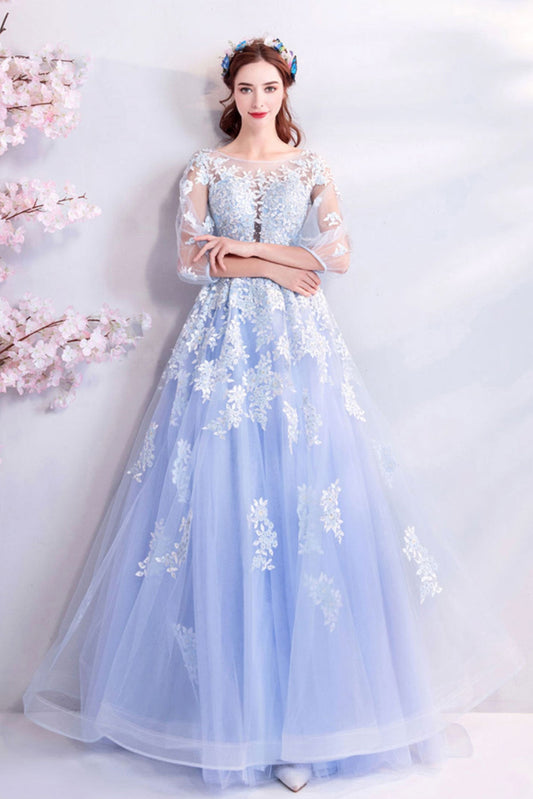 Blue Round Neck Tulle Lace Long Prom Dress Blue Evening Dress