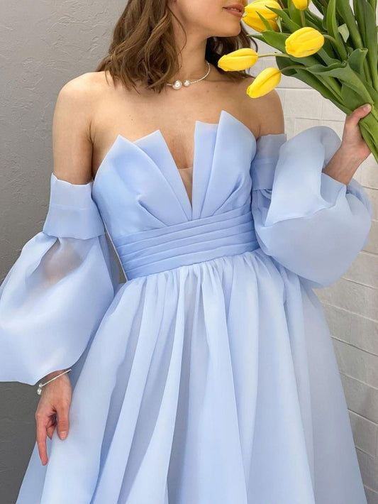 A-Line Organza Blue Long Prom Dress with Puff Sleeves Blue Long Formal Party Dress