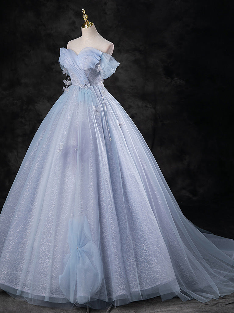 A-Line Sweetheart Neck Off-Shoulder Tulle Gray Blue Long Prom Dress Blue Formal Gown