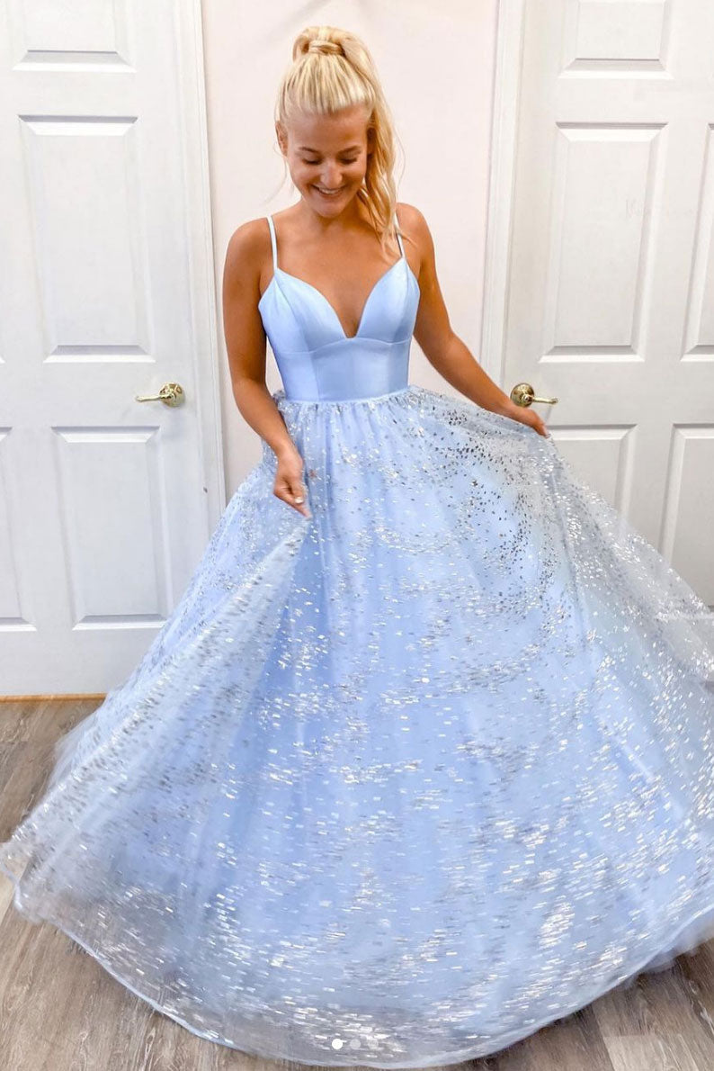 Blue Tulle Sequin Long Prom Dress Blue Tulle Formal Gown