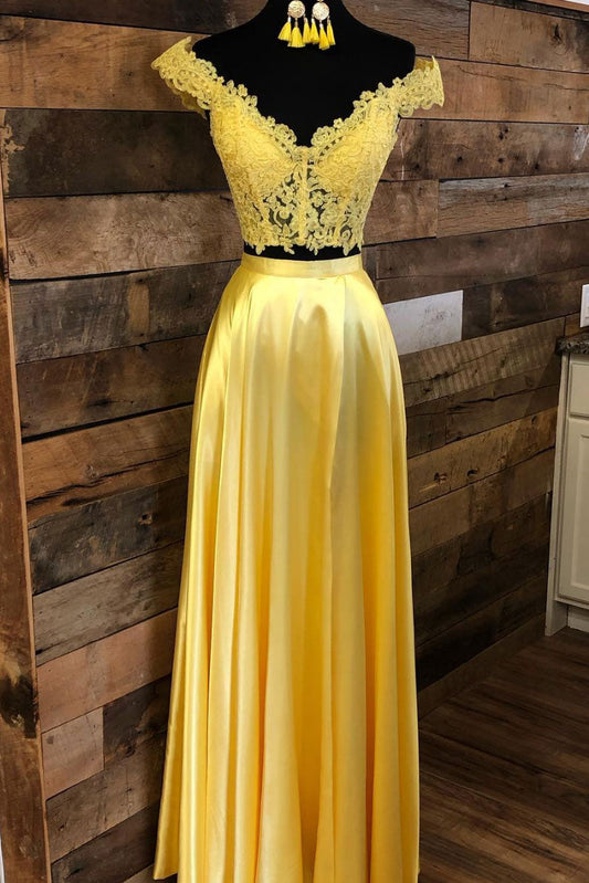 Yellow Lace Two-Piece Long Prom Dress Yellow Evening Dress