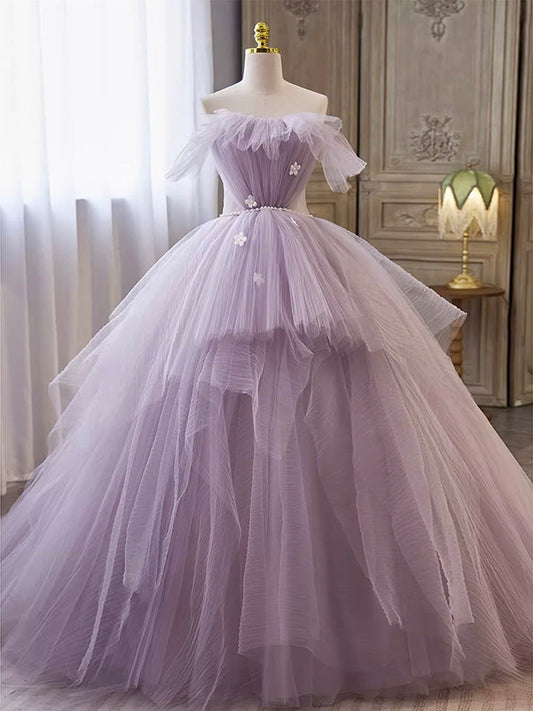 Purple A-Line Tulle Long Prom Gown Purple Long Formal Dress