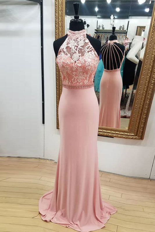 Pink Mermaid Lace Long Prom Dress Pink Mermaid Evening Gown