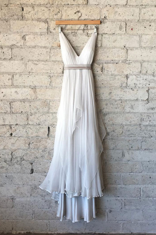 Simple V-Neck White Chiffon Long Prom Dress White Evening Dress