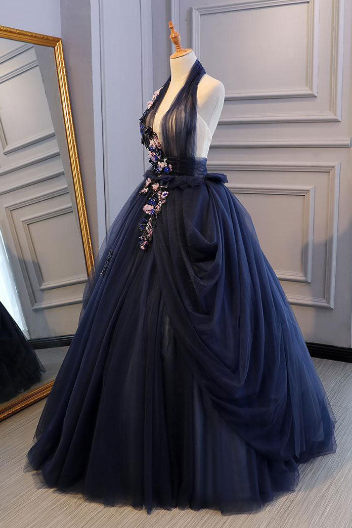 Blue Tulle Lace Long Prom Dress Blue Tulle Lace Evening Dress