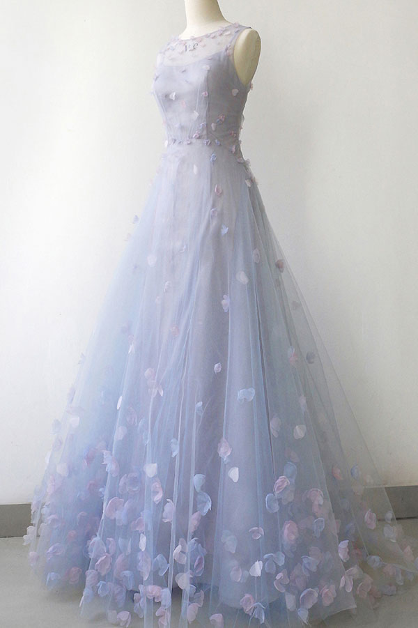 Simple Round Neck Tulle Long Prom Dress Gray Tulle Evening Dress