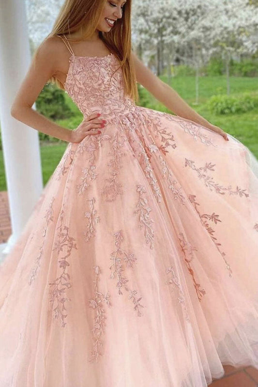 Pink Tulle Lace Long Prom Dress Pink Tulle Lace Formal Dress