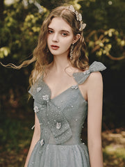 Gray Tulle Sequin Tea-Length Prom Dress Gray Evening Dress