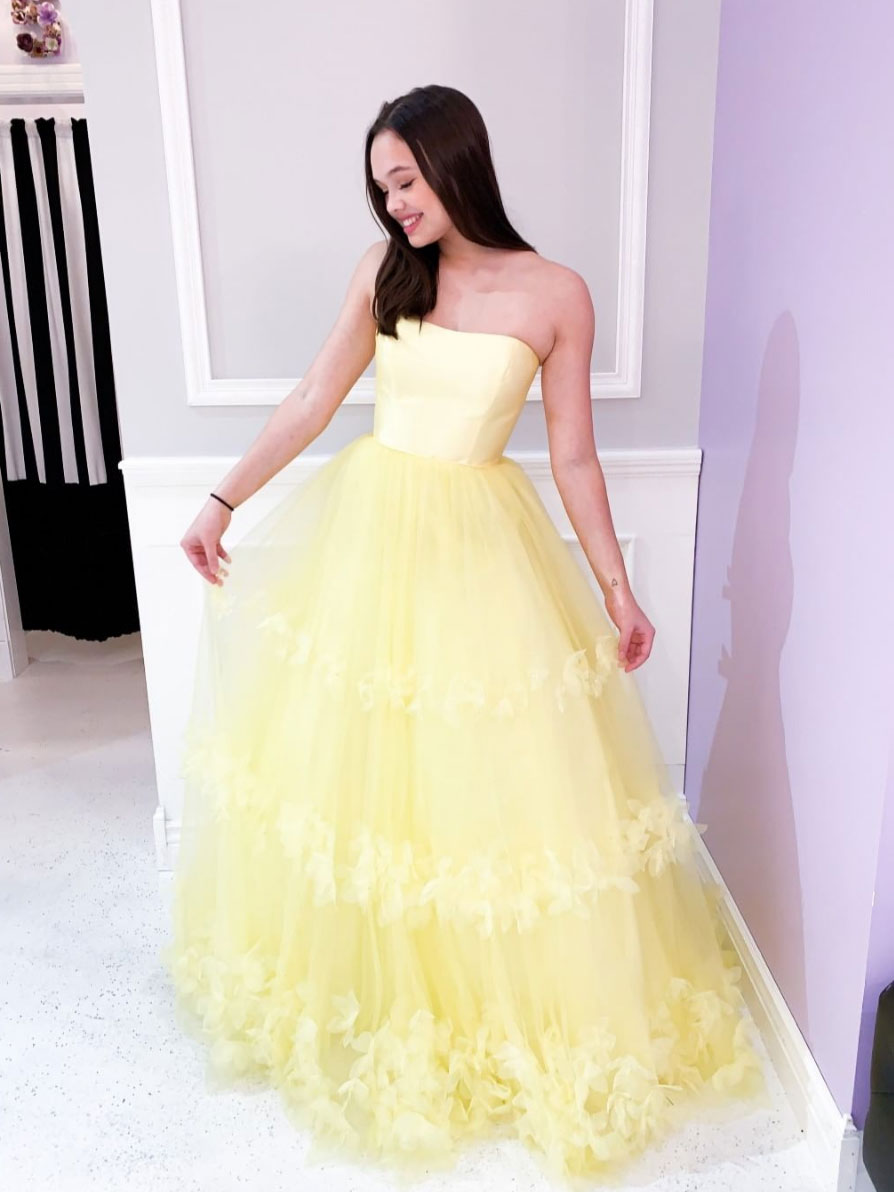 Yellow Tulle 3D Appliqu¨¦ Long Prom Dress Yellow Evening Dress