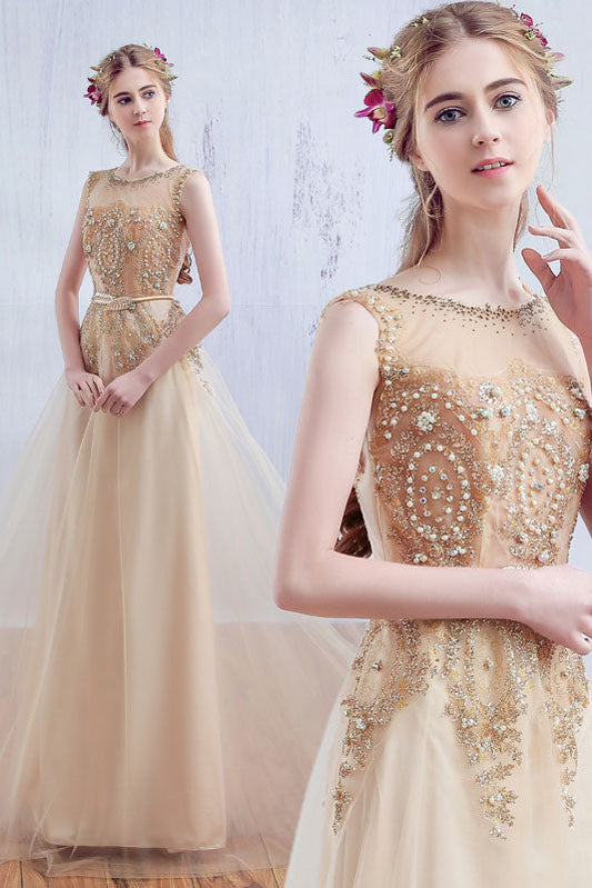 Champagne Round Neck Tulle Lace Long Prom Dress Lace Evening Gown