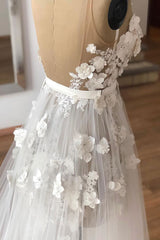 White V-Neck Tulle Lace Long Prom Dress White Tulle Evening Dress