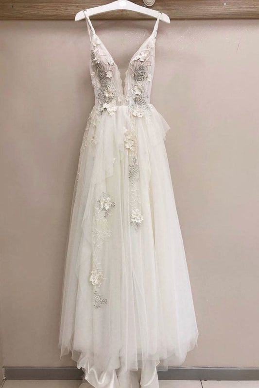 White V-Neck Tulle Lace Long Prom Dress White Evening Dress