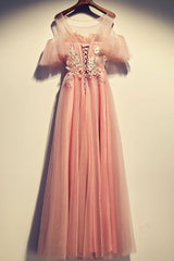 Pink Round Neck Tulle Lace Long Prom Dress Pink Tulle Evening Dress