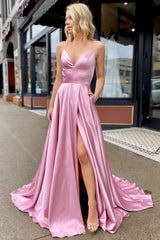 Simple V-Neck Satin Long Prom Dress Pink Long Evening Dress