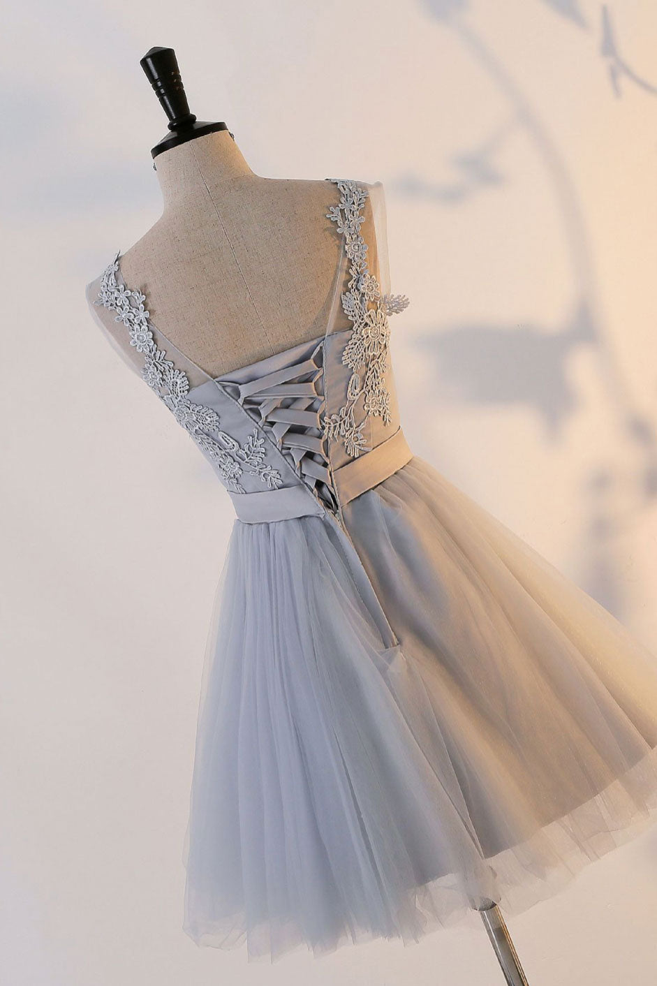 Cute Gray Round Neck Tulle Lace Short Prom Dress Gray Homecoming Dress