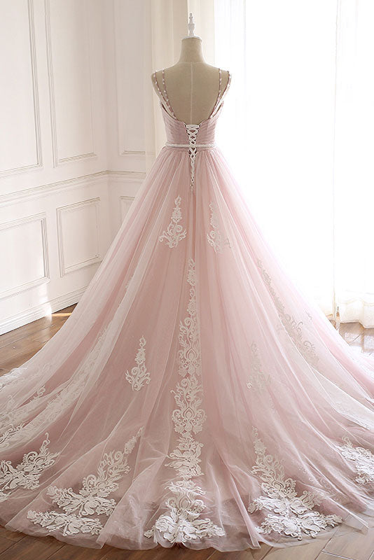 Pink Sweetheart Neck Tulle Long Prom Dress Lace Tulle Evening Gown