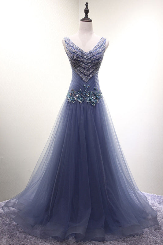 Unique V-Neck Tulle Beaded Long Prom Dress Tulle Evening Dress