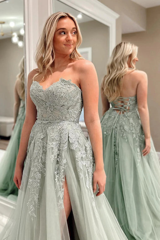 Beulah Dressystars  A-Line Chic Sweetheart Collar Sage Green Tulle Material Lace Long Prom Dresses