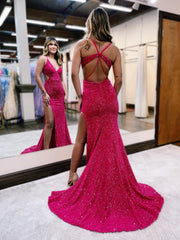 Glitter Red Mermaid Sexy V Neck Cut Out Elegant Prom Dress with Split Design