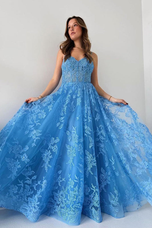 Blue Spaghetti Straps Tulle Material Delicate Appliques Long Prom Dresses