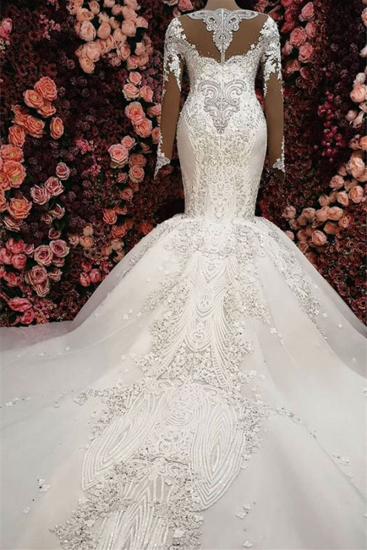 Elegant Sweetheart Long Sleeve Lace Mermaid Wedding Dress with Beading