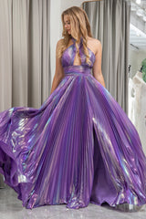 Dark Purple A Line Backless Long Prom Dress With Side Slit