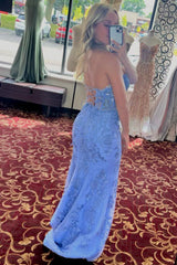 Light Blue Sweetheart Lace-Up Long Mermaid Prom Dress with Appliques