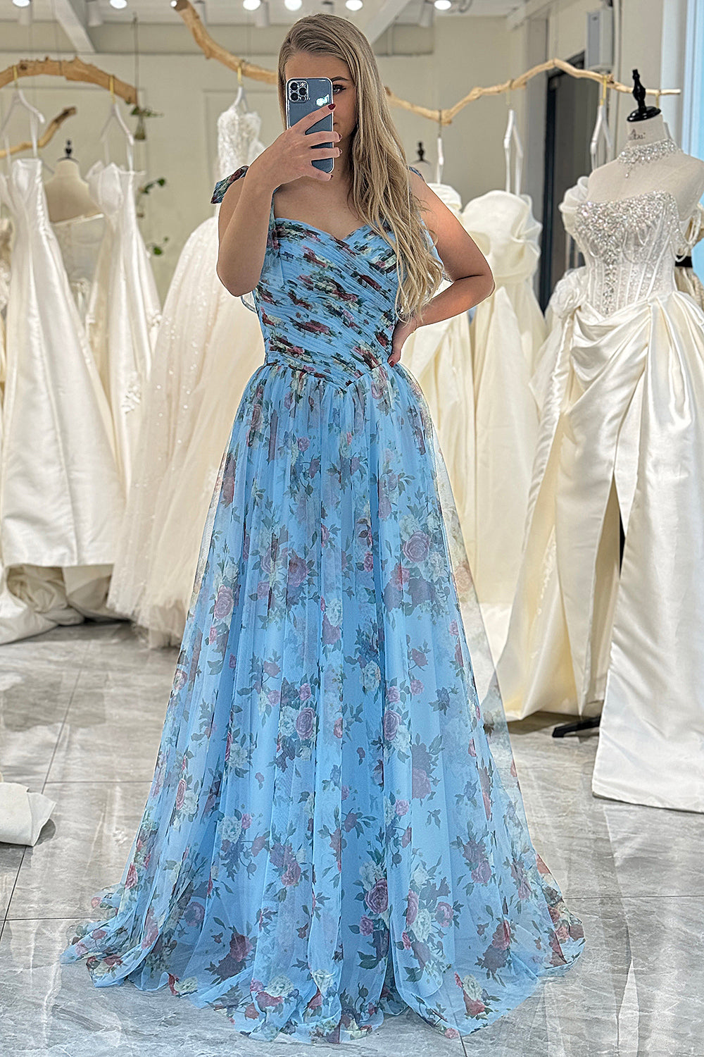 Convertible Blue A Line Tulle Long Prom Dress