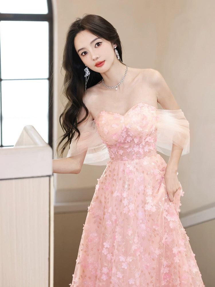 A-Line Off-Shoulder Tulle Lace Pink Long Prom Dress Pink Long Formal Dress