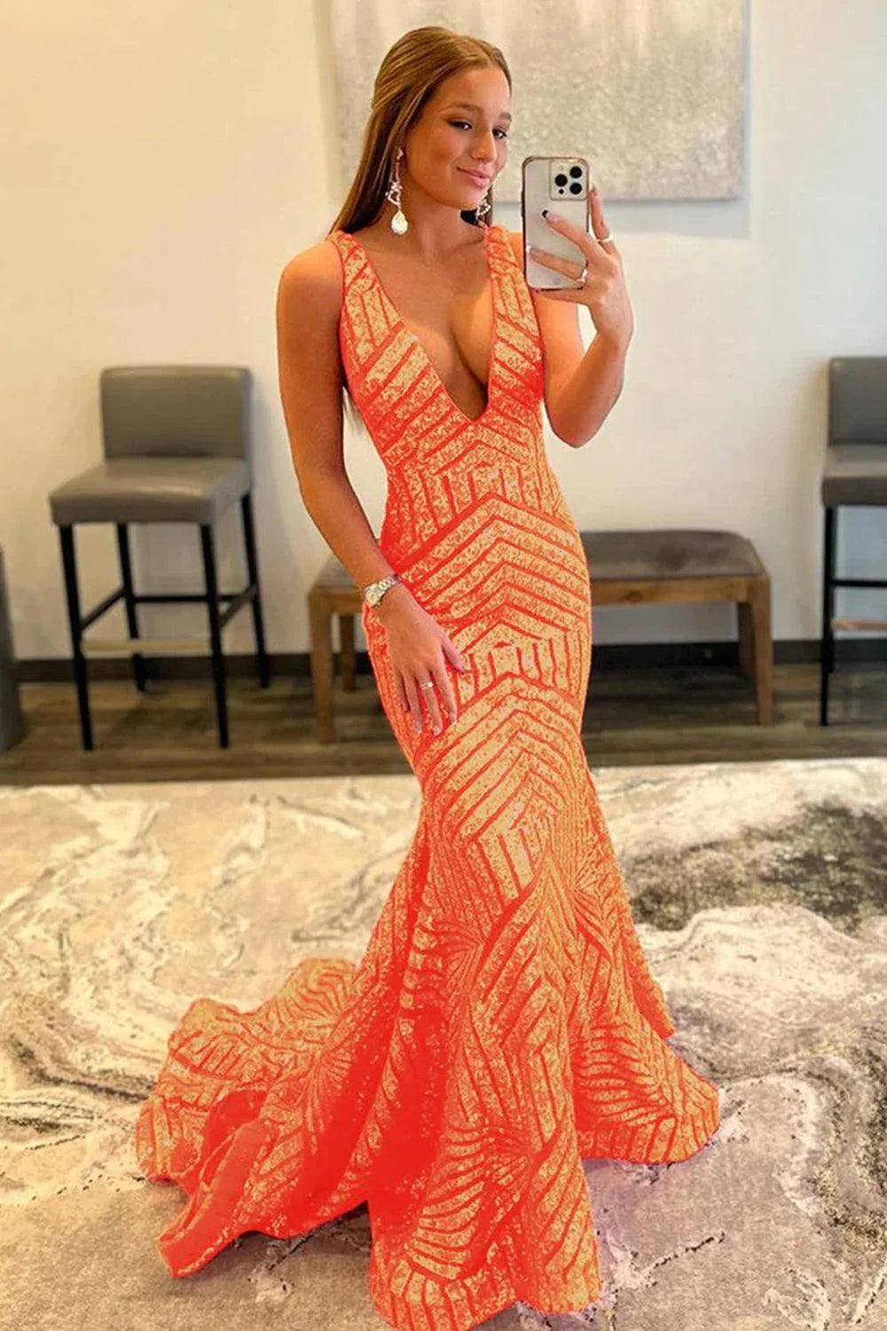 Sparkly Champagne Deep V Neck Sequin Mermaid Prom Dress